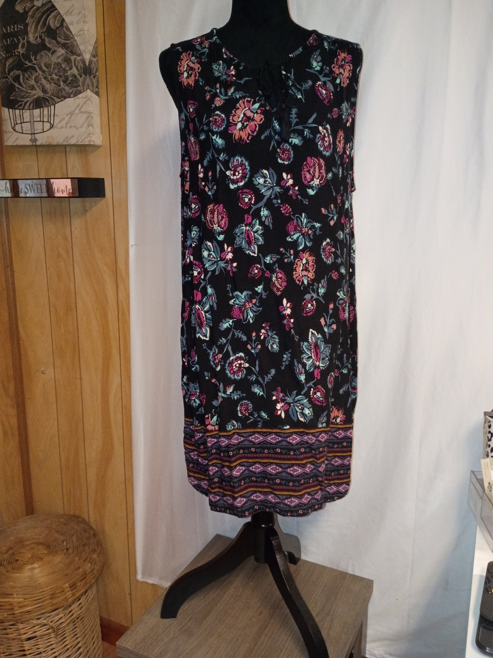 beachlunchlounge Black Floral Midi Dress with Pink & Teal Accents